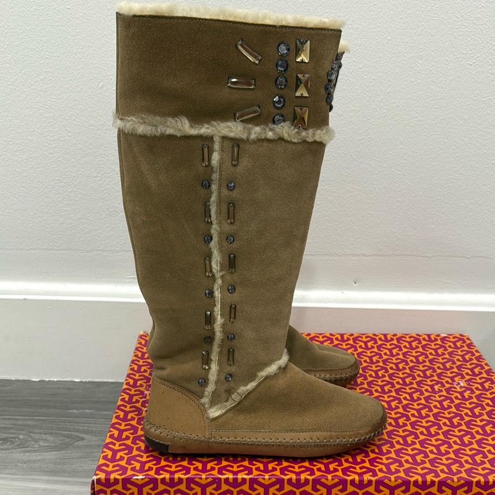 Tory Burch Knee High Shearling Camel Embellished Boot - Picture 6 of 12